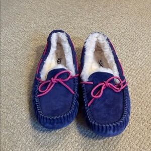 UGG Women's Navy Suede Slippers with Pink Trim